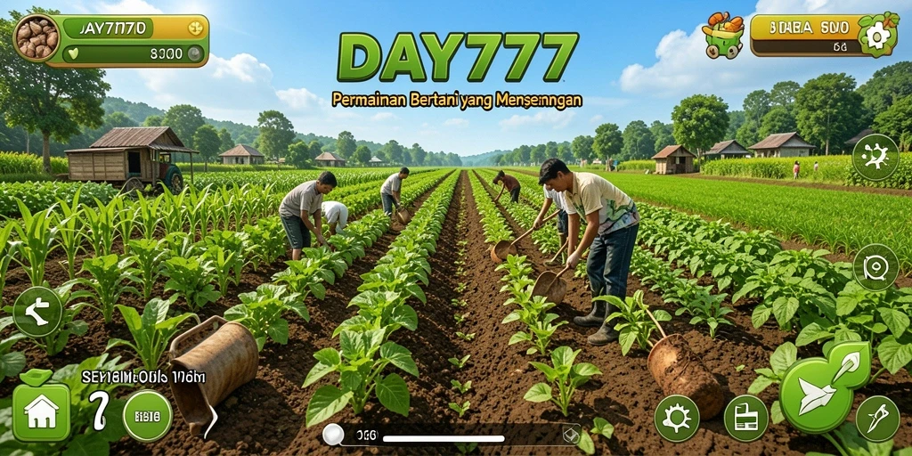 Tampilan gameplay dinamis dalam DAY777 dengan aktivitas bertani yang seru.