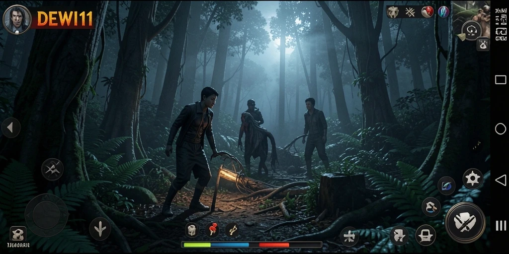 Screenshot menampilkan karakter di tengah hutan yang angker dan misterius.