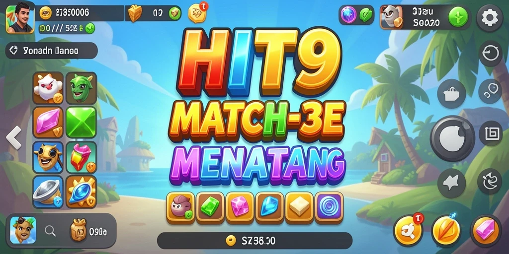 Gameplay HIT9 dengan berbagai permata berwarna-warni dan tantangan mencocokkan.