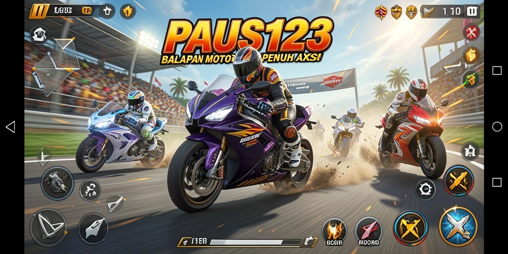 Tampilan gameplay seru dari PAUS123 dengan balapan motor yang mendebarkan.