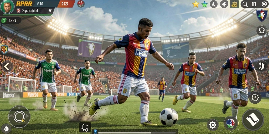 Screenshot utama RPRR menampilkan aksi seru di lapangan sepak bola.