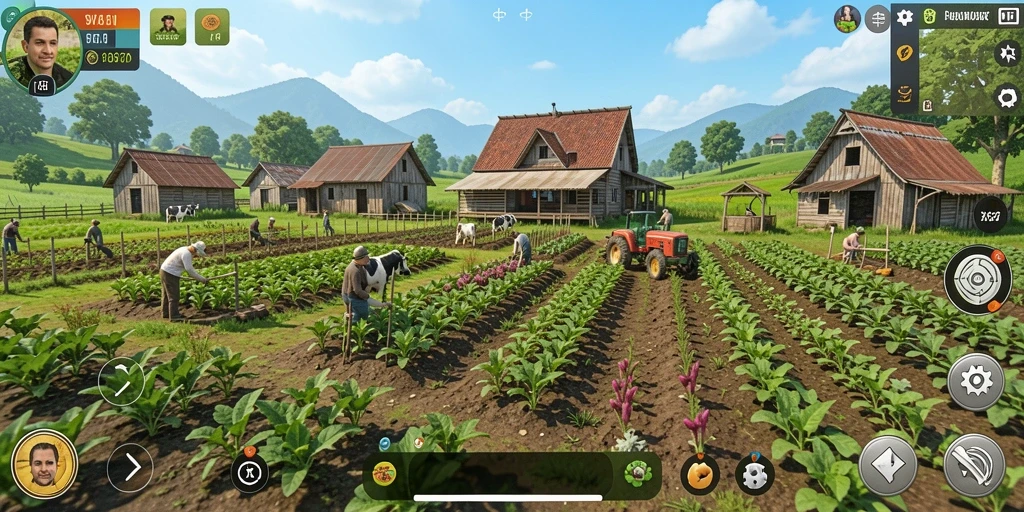 Tampilan gameplay W67 yang menampilkan aktivitas bertani dan merawat hewan.